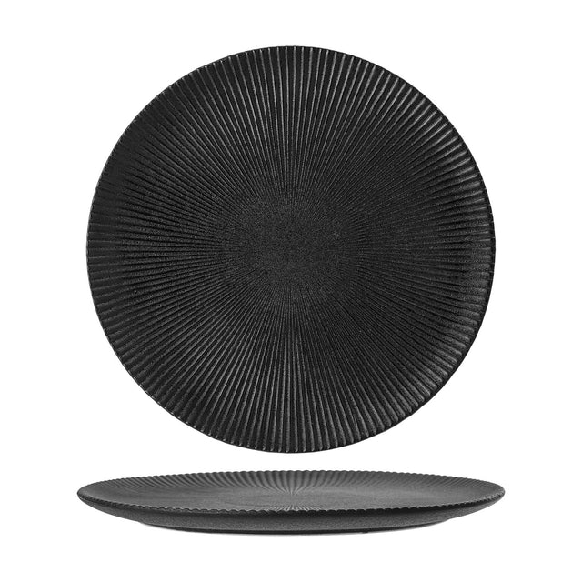 Neri Stoneware Dinner Plate in black, shown front-on and side-on against a white background, with fine ridged texture radiating from centre to rim and a soft shimmering glaze.