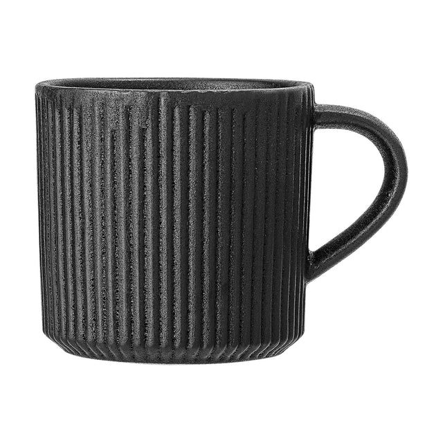Neri Stoneware Cup 350ml in black, a ribbed ceramic mug with a smooth base band and rounded loop handle, shown against a plain white background.