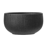 Neri Stoneware Bowl 14.5cm in black, a round ceramic bowl with fine vertical ribs, smooth interior, and a small foot, shown on a plain white background.