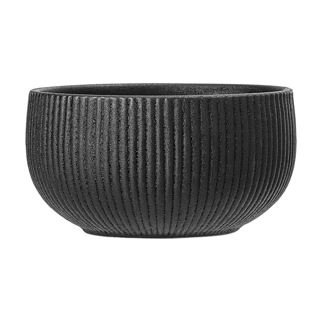 Neri Stoneware Bowl 14.5cm in black, a round ceramic bowl with fine vertical ribs, smooth interior, and a small foot, shown on a plain white background.