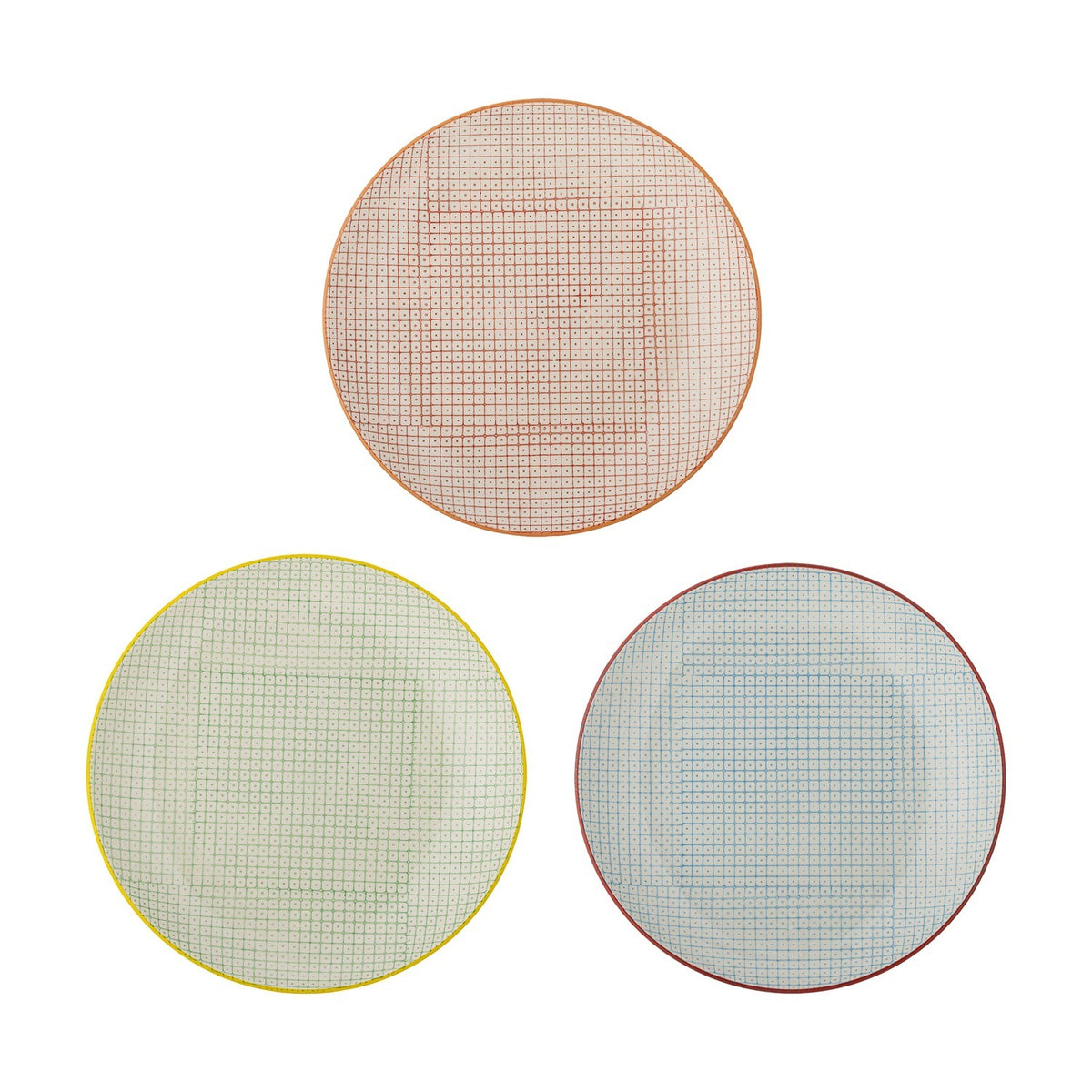 Carla Dinner Plate in three ceramic designs with coloured rims (orange, yellow, red) and grid-dot patterns, shown together on a plain white background.