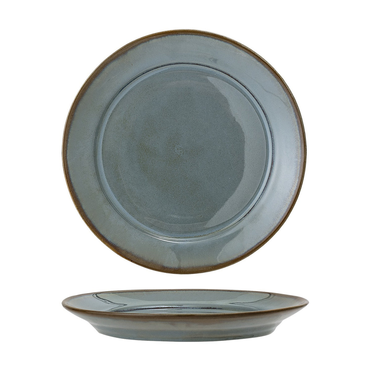 Pixie Stoneware Side Plate in grey, 20cm, shown front-facing and in profile with a wide rim and reactive glaze finish on a plain white background.