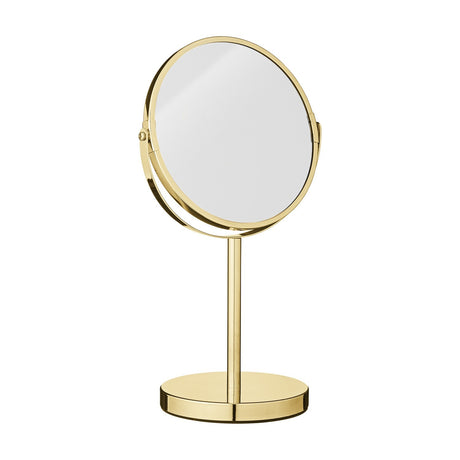 Milde Round Iron Table Mirror 20cm in Gold, with a slim gold ring frame on a swivel stand, straight stem, and flat round base, shown on a plain white background.