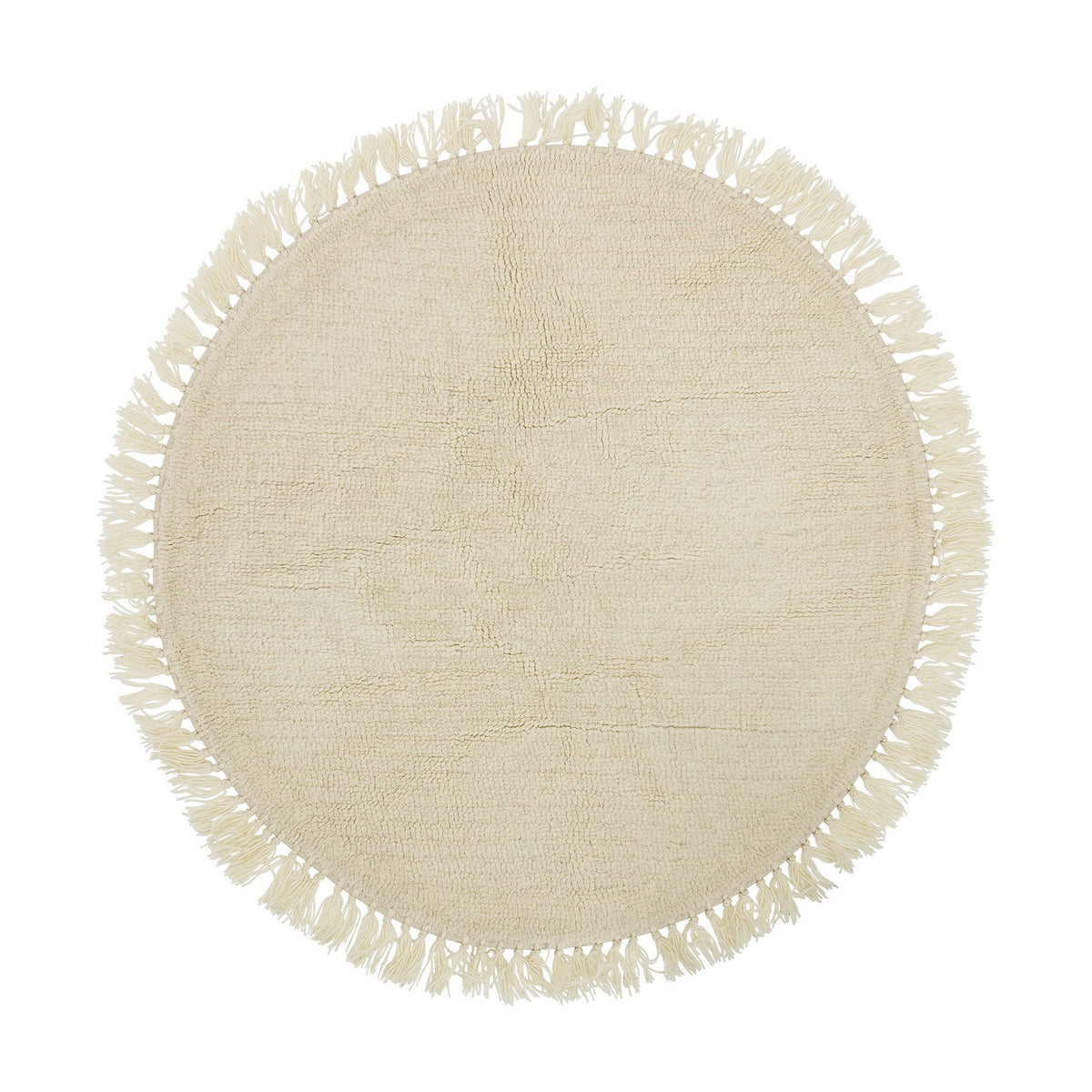 Lenea Round Wool Rug 110cm in Natural, a round wool rug with a dense nubbly pile and looped fringe trim around the edge, shown on a plain white background.