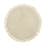 Lenea Round Wool Rug 110cm in Natural, a round wool rug with a dense nubbly pile and looped fringe trim around the edge, shown on a plain white background.