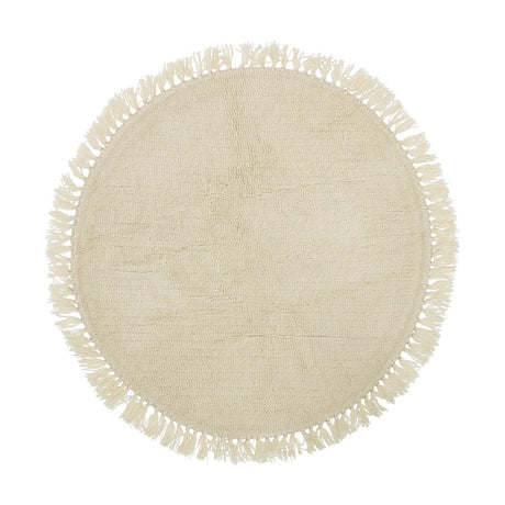 Lenea Round Wool Rug 110cm in Natural, a round wool rug with a dense nubbly pile and looped fringe trim around the edge, shown on a plain white background.