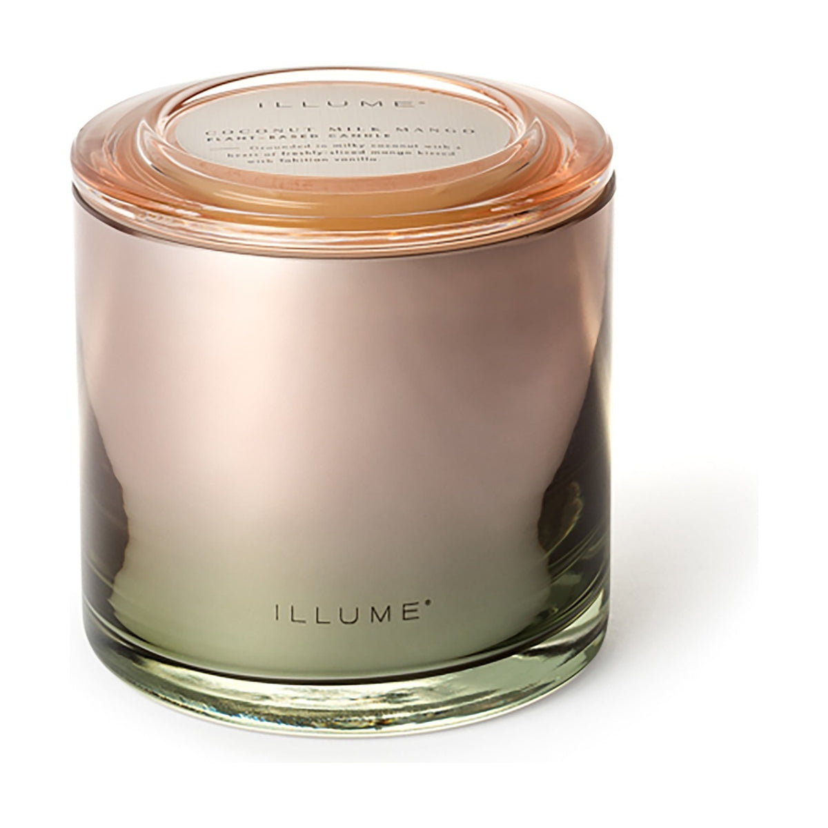 Coconut Milk Mango scented candle in a high-shine ombré glass vessel with matching glass lid, pink-to-green finish, on a plain white background.