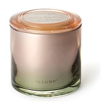 Coconut Milk Mango scented candle in a high-shine ombré glass vessel with matching glass lid, pink-to-green finish, on a plain white background.