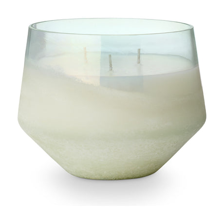 Fresh Sea Salt Baltic Glass Scented Candle in a wide tapered glass vessel with three cotton wicks and white wax, shown on a plain white background.