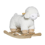 Laasrith Rocking Sheep in white curly fabric with closed-eye embroidered face, floppy ears, wooden side handle and tan hooves on curved poplar wood rockers, shown on a plain white background.