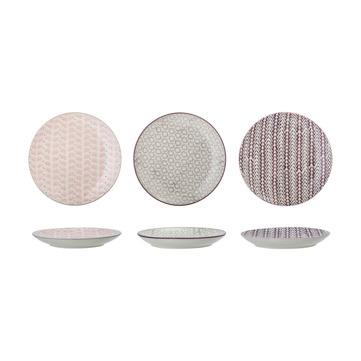 Maya ceramic side plates, 22cm, shown from above and in profile in three patterned designs—pink floral, grey floral, and burgundy chevron—on a plain white background.