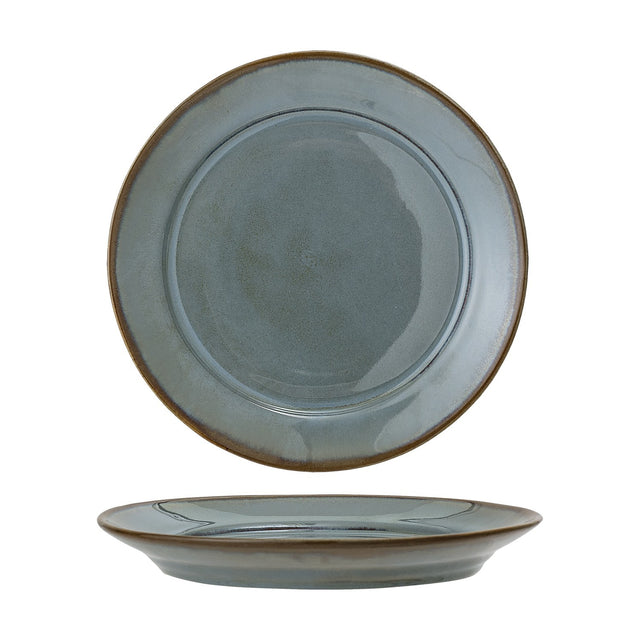 Pixie Stoneware Dinner Plate in blue, shown front and side on, with a wide flat rim, sunken centre, and reactive glaze finish against a plain white background.