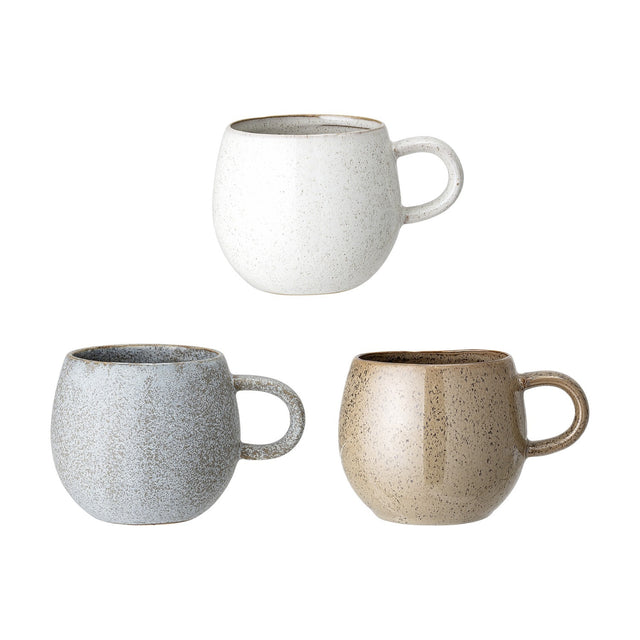 Addison Mug in three speckled stoneware designs—white, grey, and beige—each with a round belly and curved handle, shown on a plain white background.