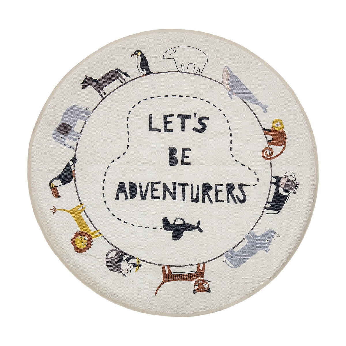 Leopold round cotton rug, 130cm, cream with a circle of printed animals including a polar bear, whale, lion and toucan, "Let's Be Adventurers" text and plane motif at centre.