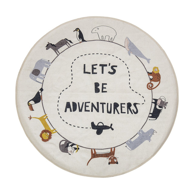 Leopold round cotton rug, 130cm, cream with a circle of printed animals including a polar bear, whale, lion and toucan, "Let's Be Adventurers" text and plane motif at centre.