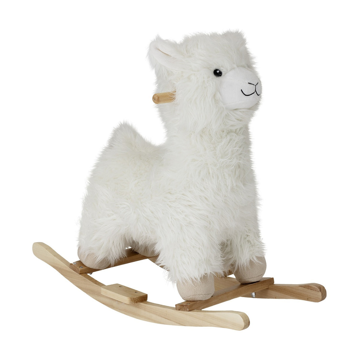 Kinto Rocking Llama in white, a children's rocking toy with shaggy fabric coat, stitched face, wooden handle grips and curved wood rockers, shown on a plain white background.