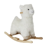 Kinto Rocking Llama in white, a children's rocking toy with shaggy fabric coat, stitched face, wooden handle grips and curved wood rockers, shown on a plain white background.