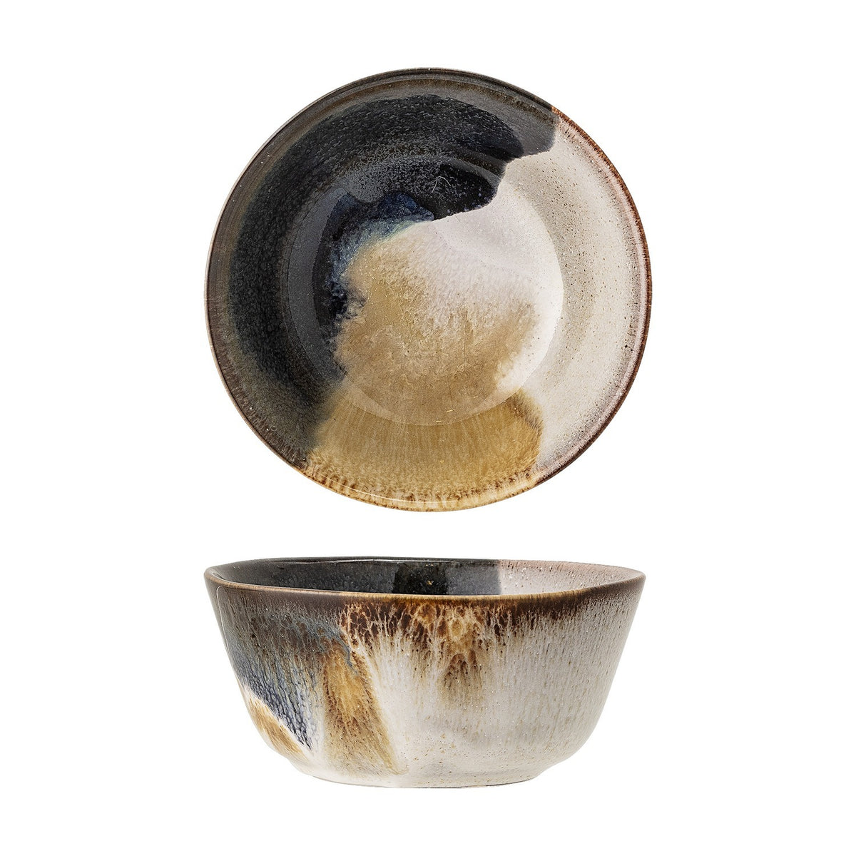 Jules Stoneware Bowl 13cm in Multi, shown from top and side, with a glossy reactive glaze in black, cream, and tan tones flowing down the exterior, on a plain white background.