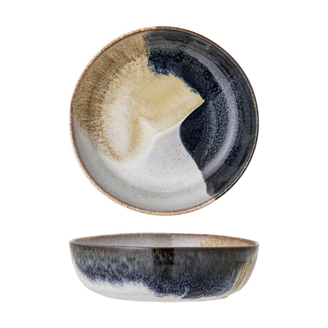 Jules Crackle Stoneware Bowl 17.5cm in Blue, shown top and side view with a reactive glaze blending sandy beige, crackled cream and deep blue tones, set on a plain white background.