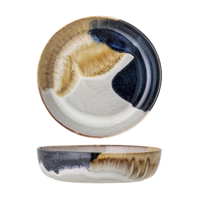 Jules Crackle Stoneware Bowl 25cm in Multi, shown from top and side on a white background, a wide shallow ceramic bowl with a reactive crackle glaze in cream, tan, and navy tones.