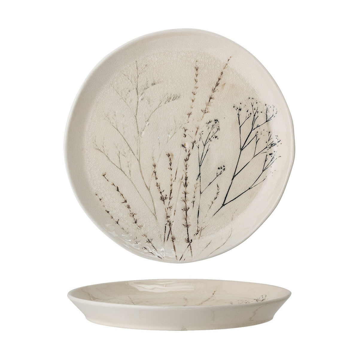 Bea Crackle Stoneware Dinner Plate in cream, round with a gently irregular rim, glossy crackle glaze and botanical grass sprays, shown upright and from the side on a white background.