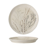 Bea Crackle Stoneware Dinner Plate in cream, round with a gently irregular rim, glossy crackle glaze and botanical grass sprays, shown upright and from the side on a white background.