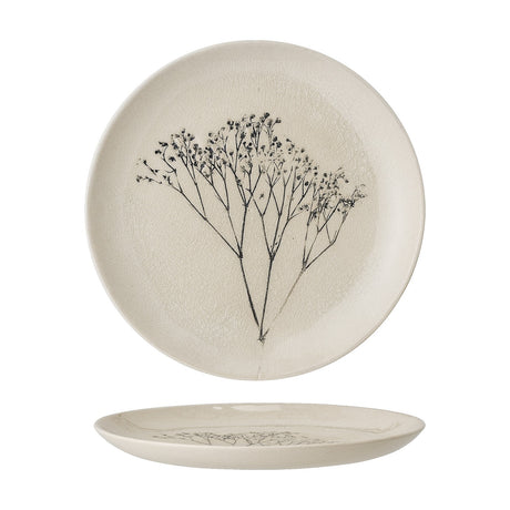 Bea Crackle Stoneware Side Plate in cream, shown front and side, round with a crackle glaze finish and a botanical floral sprig design, on a plain white background.