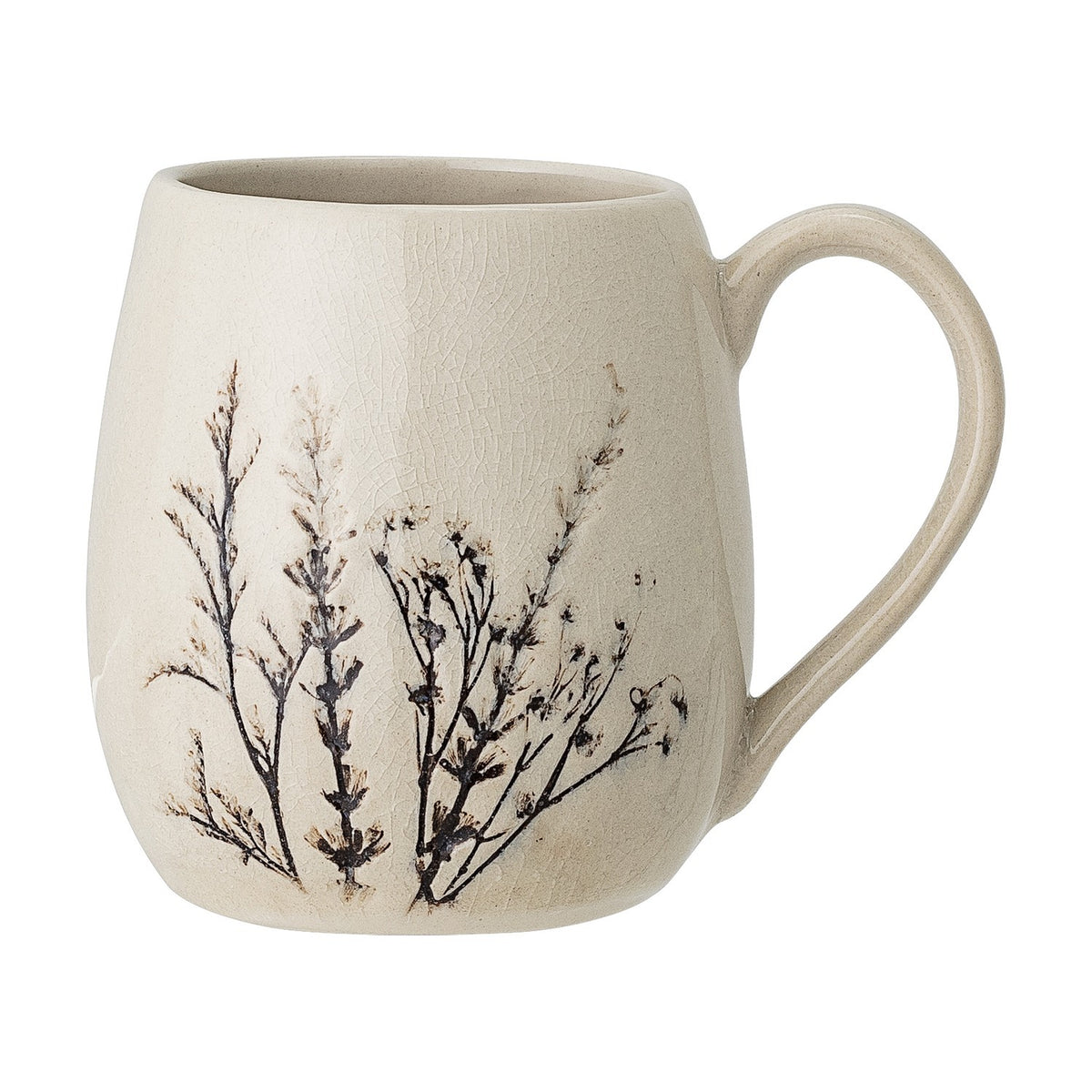 Bea Crackle Stoneware Mug 400ml in cream, with a rounded bellied body, curved handle, and a printed dried plant stem design, shown on a plain white background.