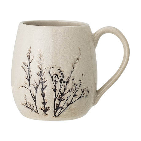 Bea Crackle Stoneware Mug 400ml in cream, with a rounded bellied body, curved handle, and a printed dried plant stem design, shown on a plain white background.