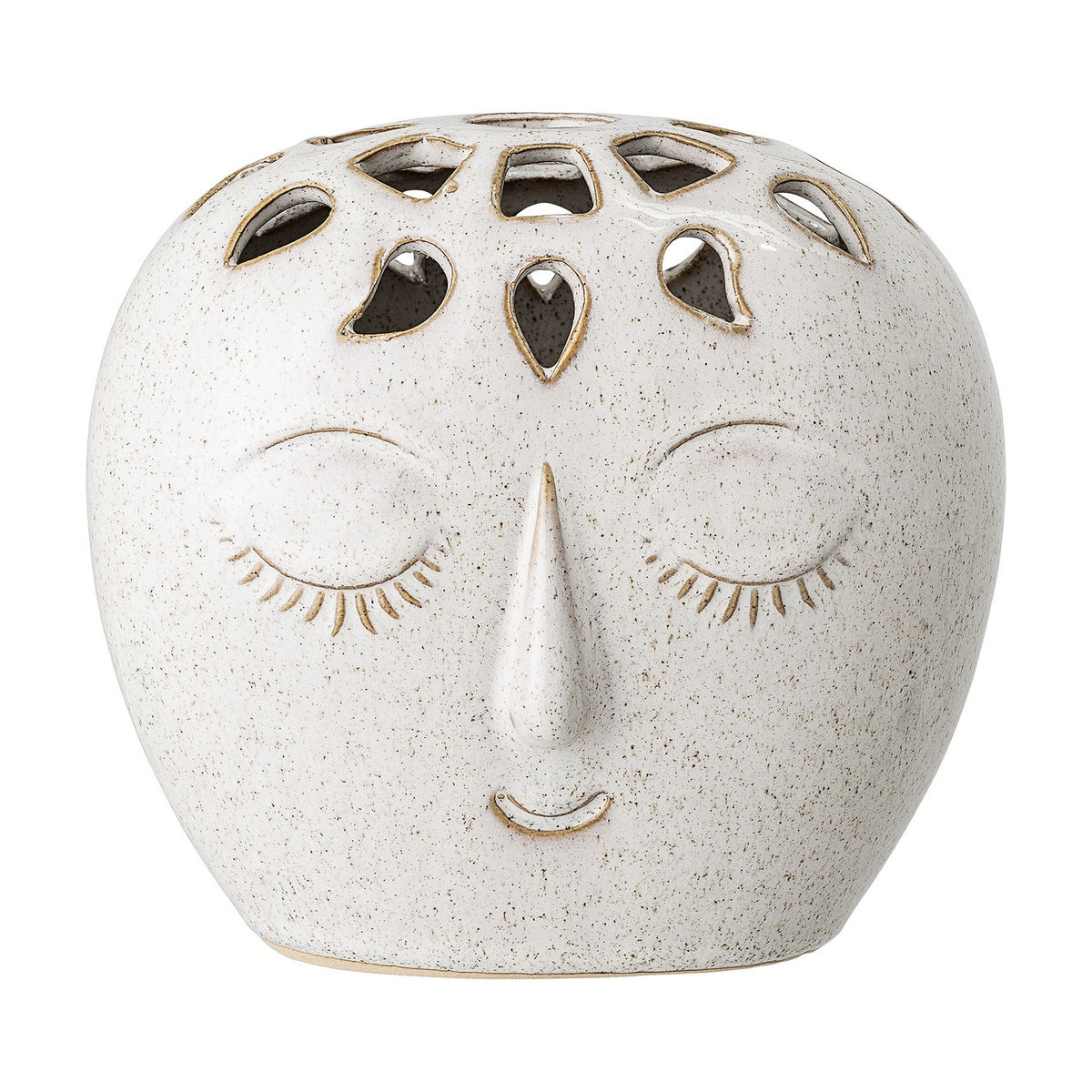 Elissa Stoneware Vase 14.5cm in White, a sleeping face design with closed eyes, raised nose and cut-out petal openings across the crown, shown on a plain white background.