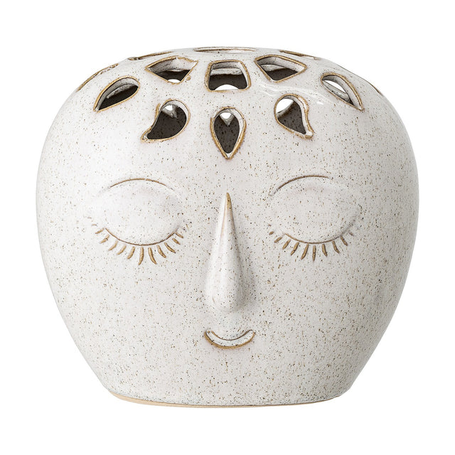 Elissa Stoneware Vase 14.5cm in White, a sleeping face design with closed eyes, raised nose and cut-out petal openings across the crown, shown on a plain white background.