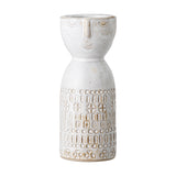 Embla Stoneware Vase 14.5cm in white, a small ceramic vase with a sculpted face at the rim and raised dot, bar, square and cross patterns around the body, shown on a plain white background.
