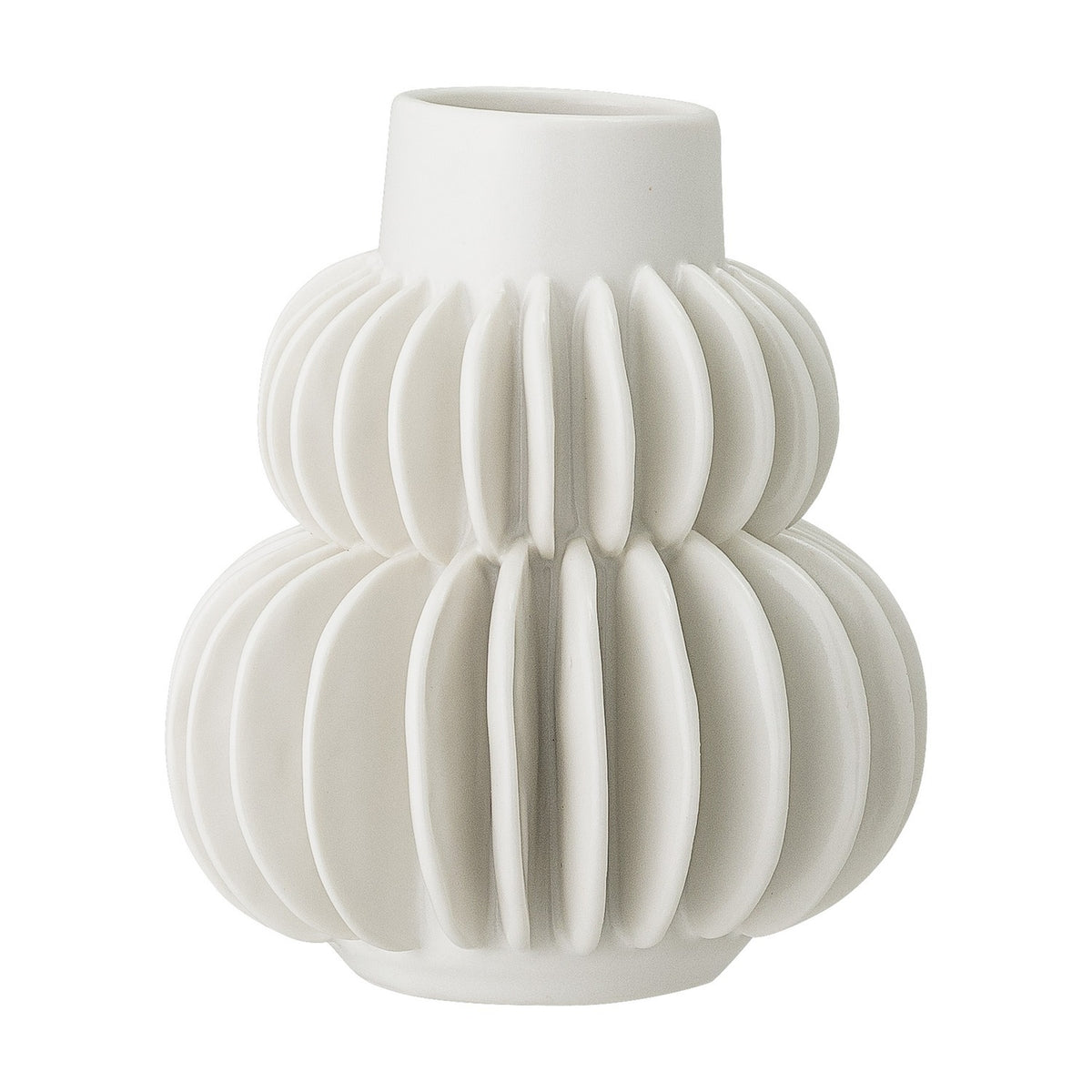 Halfdan Stoneware Vase 14cm in white, showing two ribbed, rounded tiers with vertical fins and a plain straight neck, set against a plain white background.