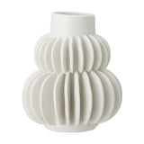 Halfdan Stoneware Vase 14cm in white, showing two ribbed, rounded tiers with vertical fins and a plain straight neck, set against a plain white background.