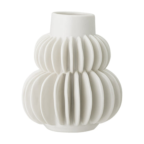 Halfdan Stoneware Vase 14cm in white, showing two ribbed, rounded tiers with vertical fins and a plain straight neck, set against a plain white background.