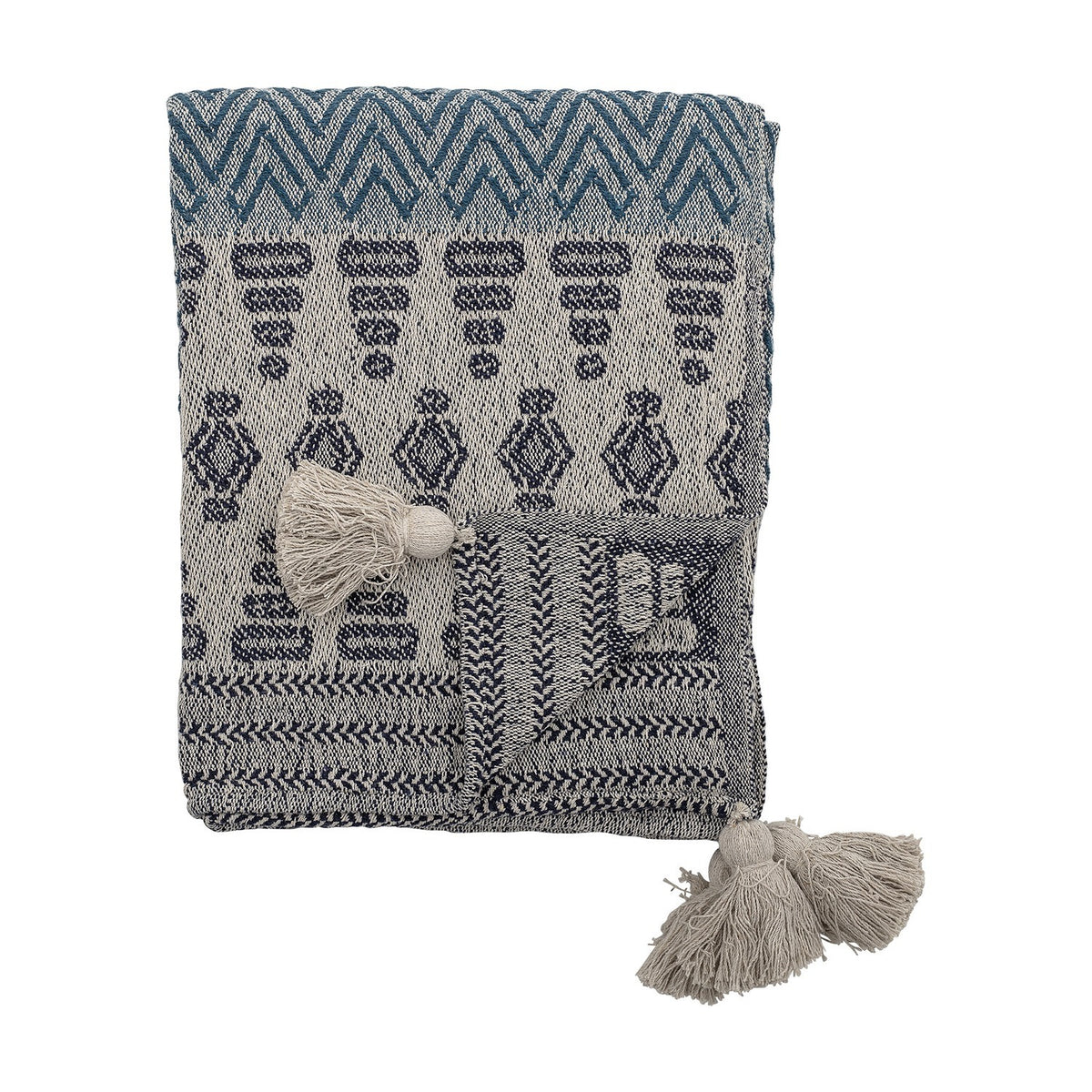 Milas Cotton Throw in blue, folded to show a woven zigzag border, stacked bar and diamond motifs, striped edging, and tasselled corners, on a white background.