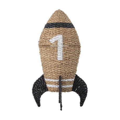 Cosmina Rocket seagrass storage basket with lid, natural woven body with black accent band, white number "1", and black fin-shaped base, shown on a plain white background.