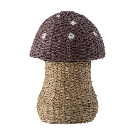 Corintha Mushroom Seagrass Basket with Lid in Brown, woven stem base with domed polka-dot cap lid, kids storage piece on a plain white background.