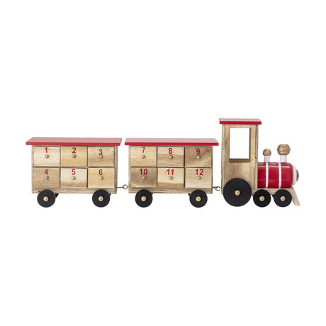 Grunk Wooden Advent Calendar in natural paulownia wood, styled as a toy train with locomotive and two carriages, each drawer numbered 1 to 12 with a round knob, on a plain white background.