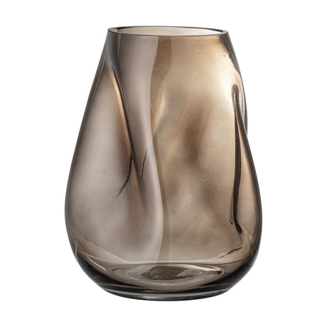 Ingolf Glass Vase 26cm in Brown, a translucent twisted glass vase with pinched, rippled sides, tapering base, and wide rim, shown against a plain white background.