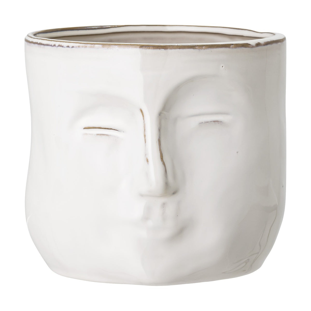 Ignacia Stoneware Plant Pot in white, round ceramic planter with a sculpted face in relief featuring closed eyes, long nose and full lips, shown on a plain white background.
