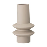 Isold Stoneware Vase 22cm in beige, matt ceramic finish with a slender neck and two stacked flared rings above a short round foot, shown on a plain white background.