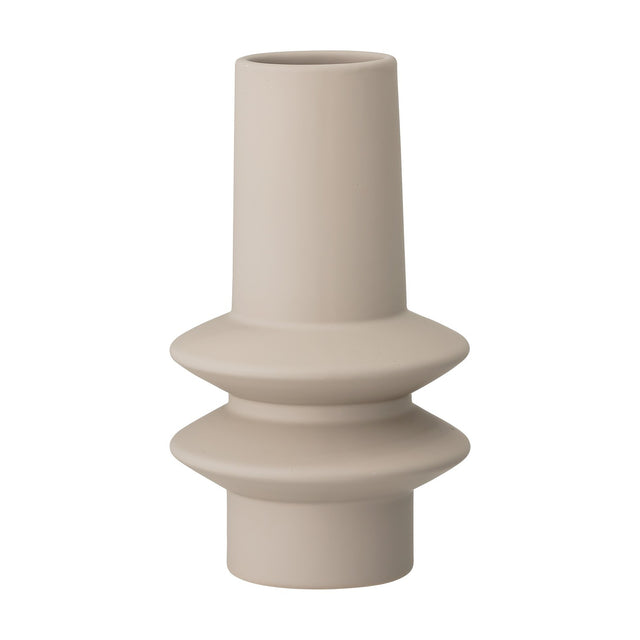 Isold Stoneware Vase 22cm in beige, matt ceramic finish with a slender neck and two stacked flared rings above a short round foot, shown on a plain white background.