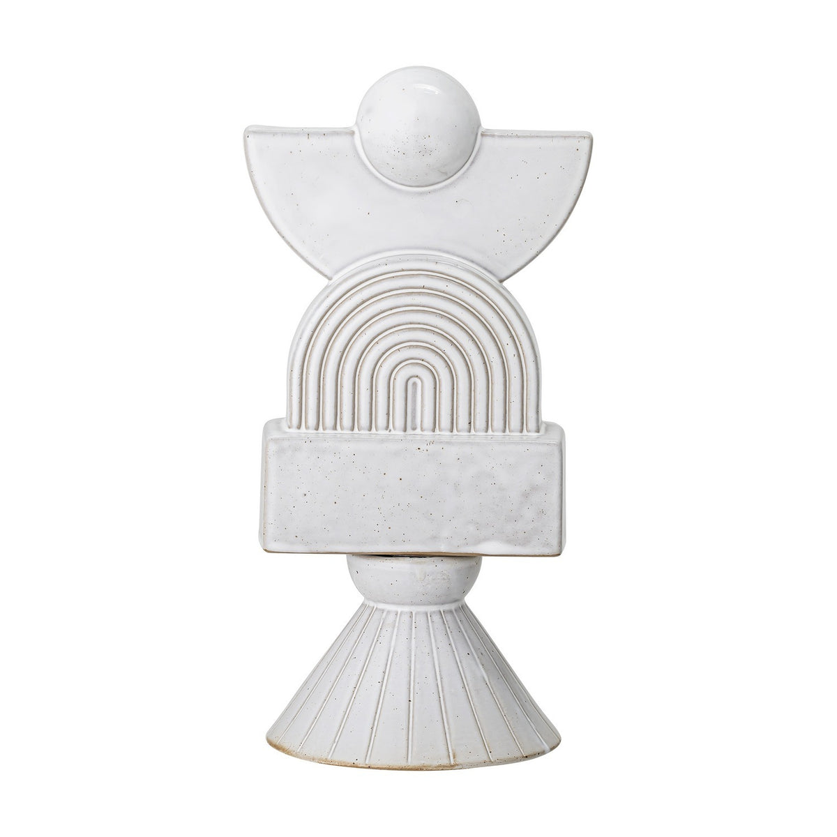 Beatrice Stoneware Ornament in white, a stacked figurine with a glossy speckled ball, half-moon, ridged arch, block and ribbed cone base, shown on a plain white background.