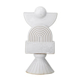 Beatrice Stoneware Ornament in white, a stacked figurine with a glossy speckled ball, half-moon, ridged arch, block and ribbed cone base, shown on a plain white background.