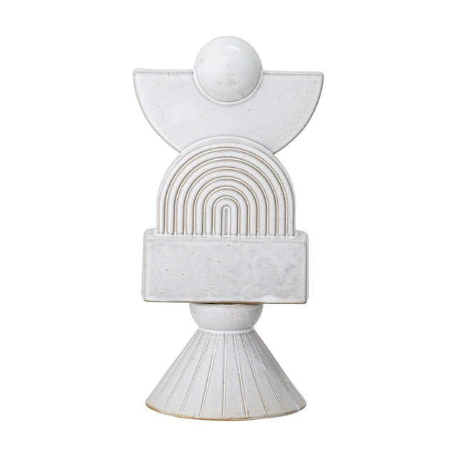 Beatrice Stoneware Ornament in white, a stacked figurine with a glossy speckled ball, half-moon, ridged arch, block and ribbed cone base, shown on a plain white background.