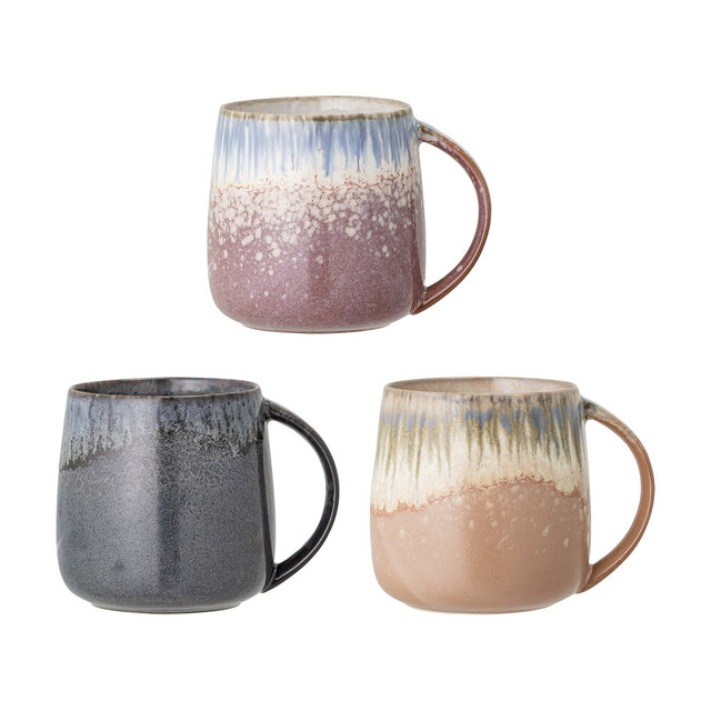 Cloe Speckled Stoneware Mugs, set of three 400ml ceramic mugs with handles in mauve, grey, and tan reactive glazes with drip detailing, shown on a white background.
