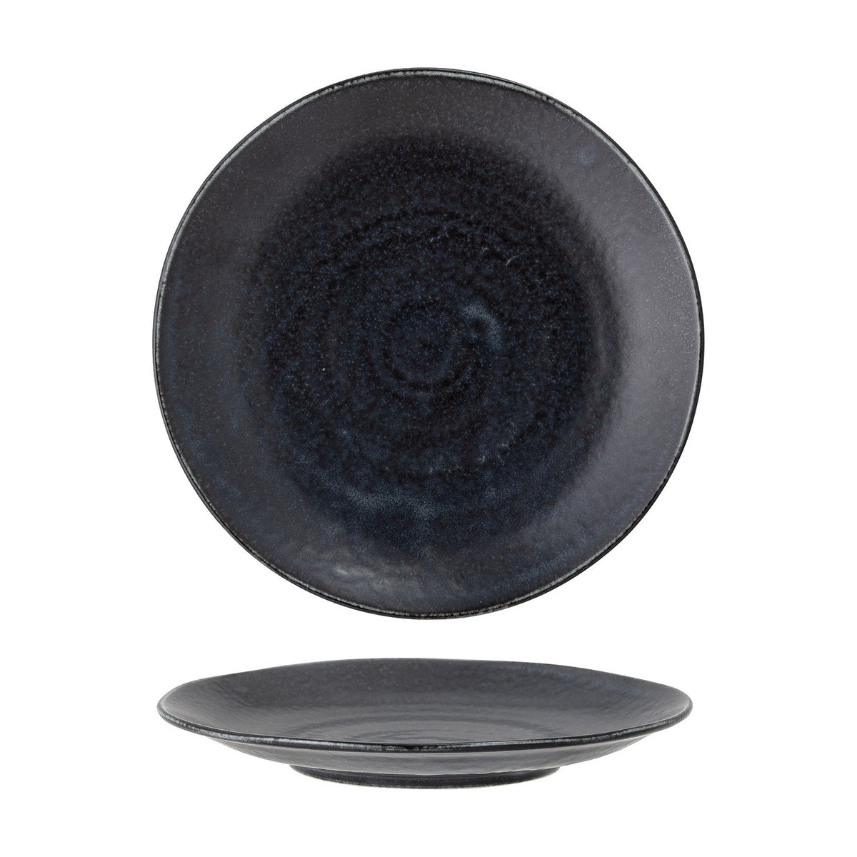 Yoko porcelain side plate shown front and back, round shape with a mottled black reactive glaze and lustrous speckled centre, shallow rim, on a white background.