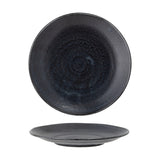 Yoko porcelain side plate shown front and back, round shape with a mottled black reactive glaze and lustrous speckled centre, shallow rim, on a white background.