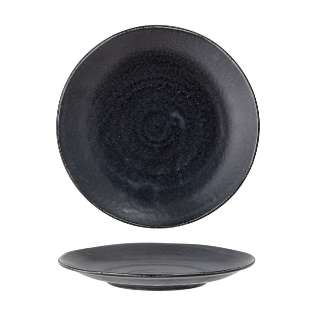 Yoko porcelain side plate shown front and back, round shape with a mottled black reactive glaze and lustrous speckled centre, shallow rim, on a white background.